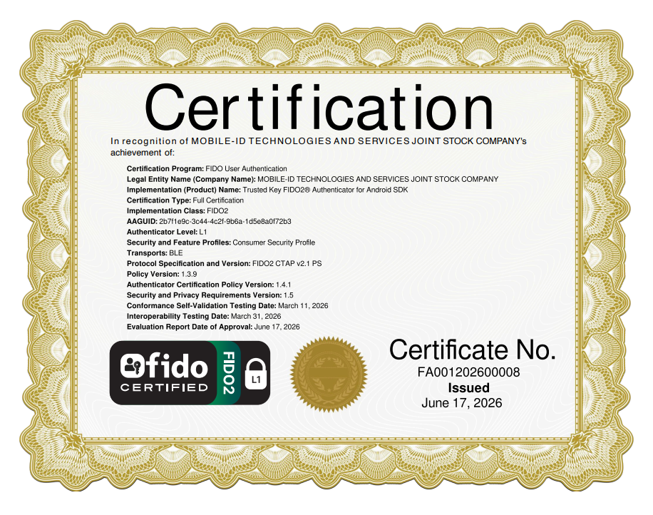 Chứng chỉ FIDO2 cho Trusted Key FIDO2 Authenticator for Android SDK