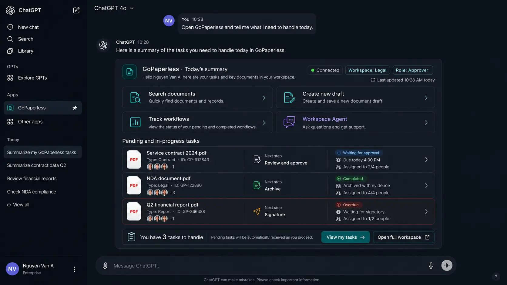 GoPaperless screen inside ChatGPT showing workspace, role and the list of pending tasks