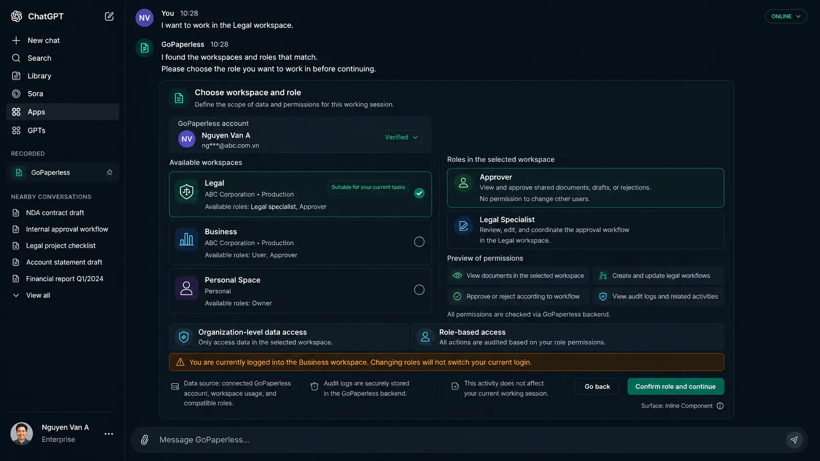Choosing workspace and role