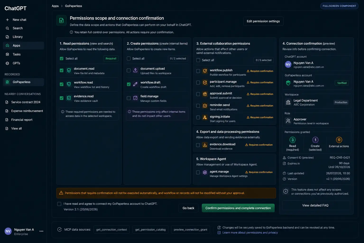 GoPaperless permission scope screen grouping read-only, draft creation, external impact, evidence export and the connection receipt