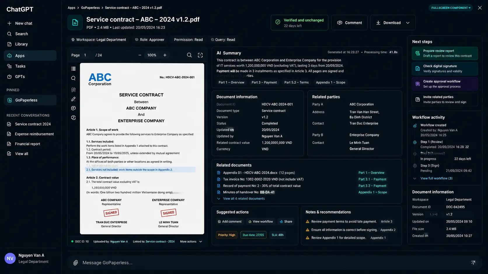 Document detail view with PDF preview, AI summary, key facts, highlighted clauses, risks and recent activity