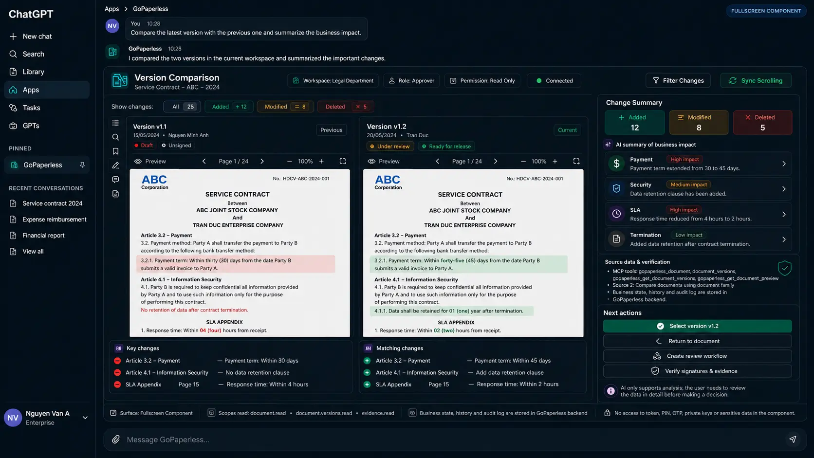 Screen comparing two document versions and classifying changes by impact level