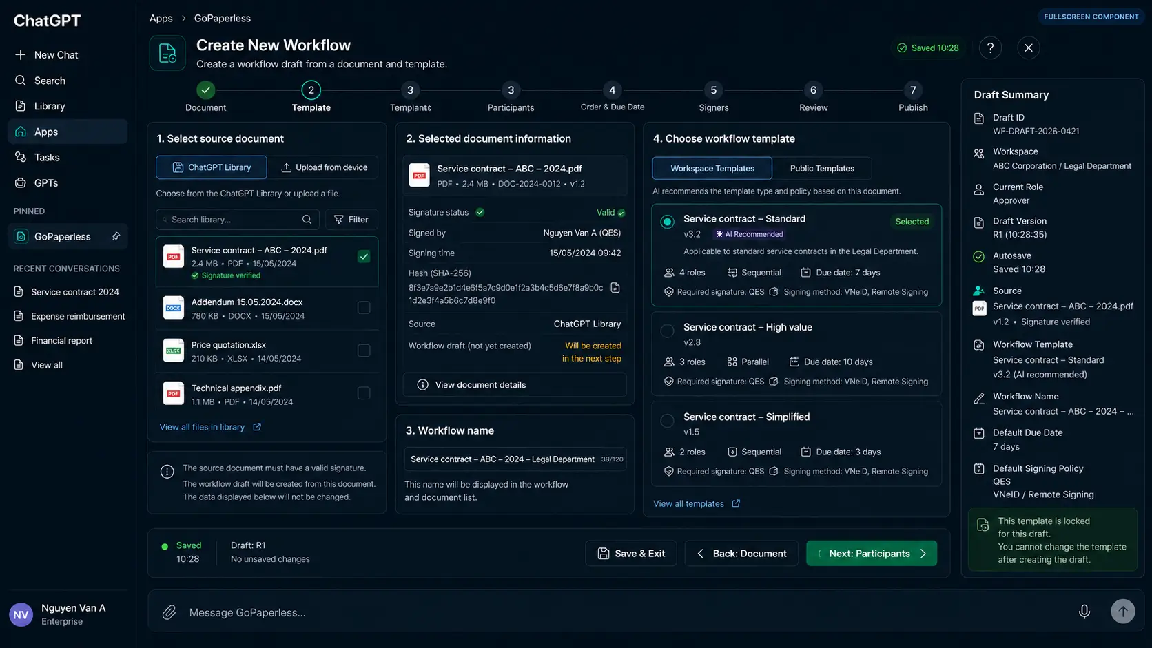 Choosing a document and workflow template