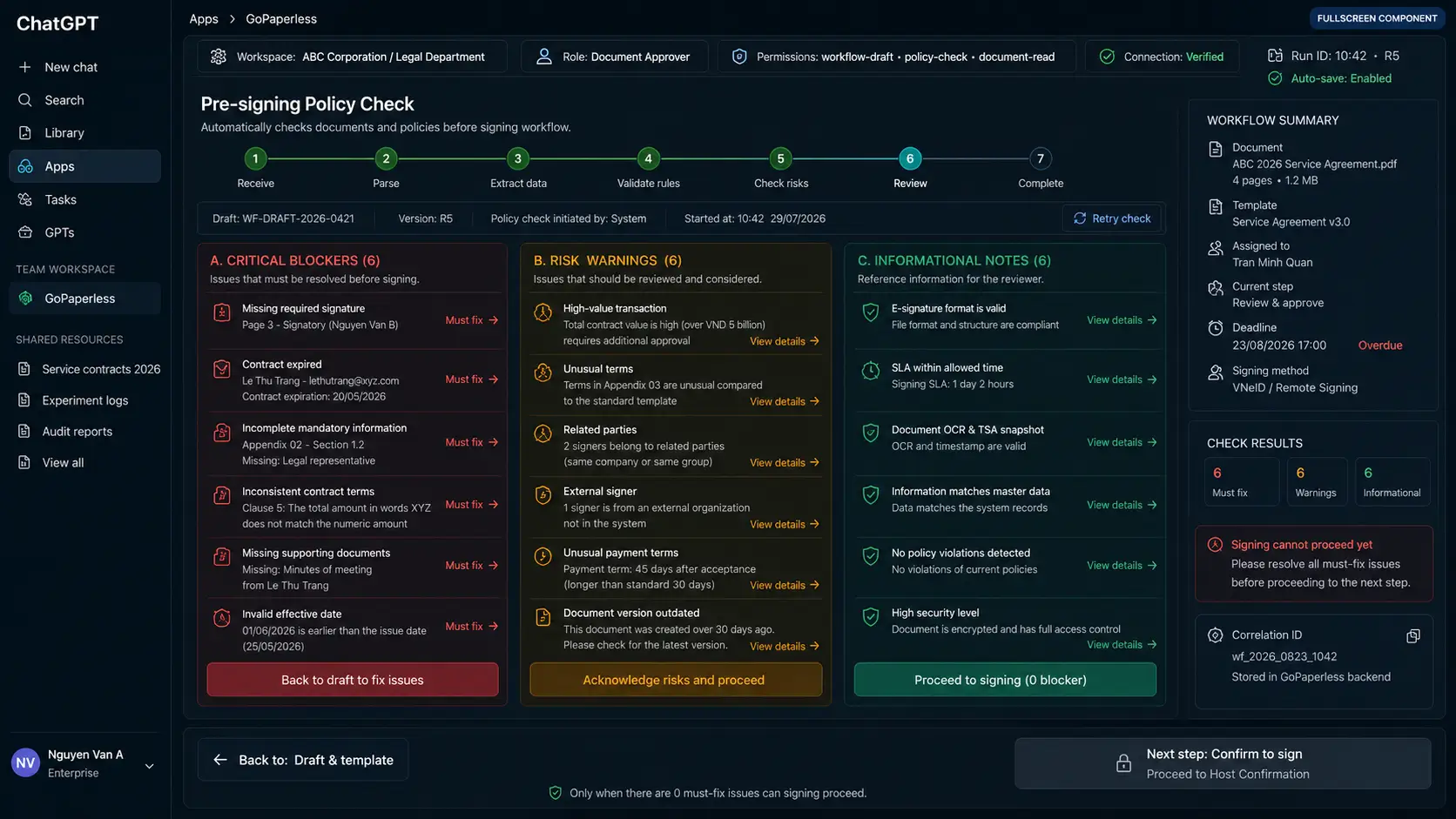 Workflow policy check screen with criteria that pass, warn or block before publishing