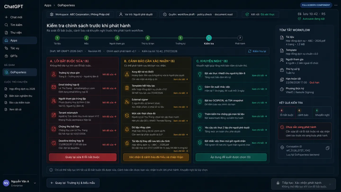 Màn hình kiểm tra chính sách workflow với các tiêu chí đạt, cảnh báo và chặn trước khi phát hành
