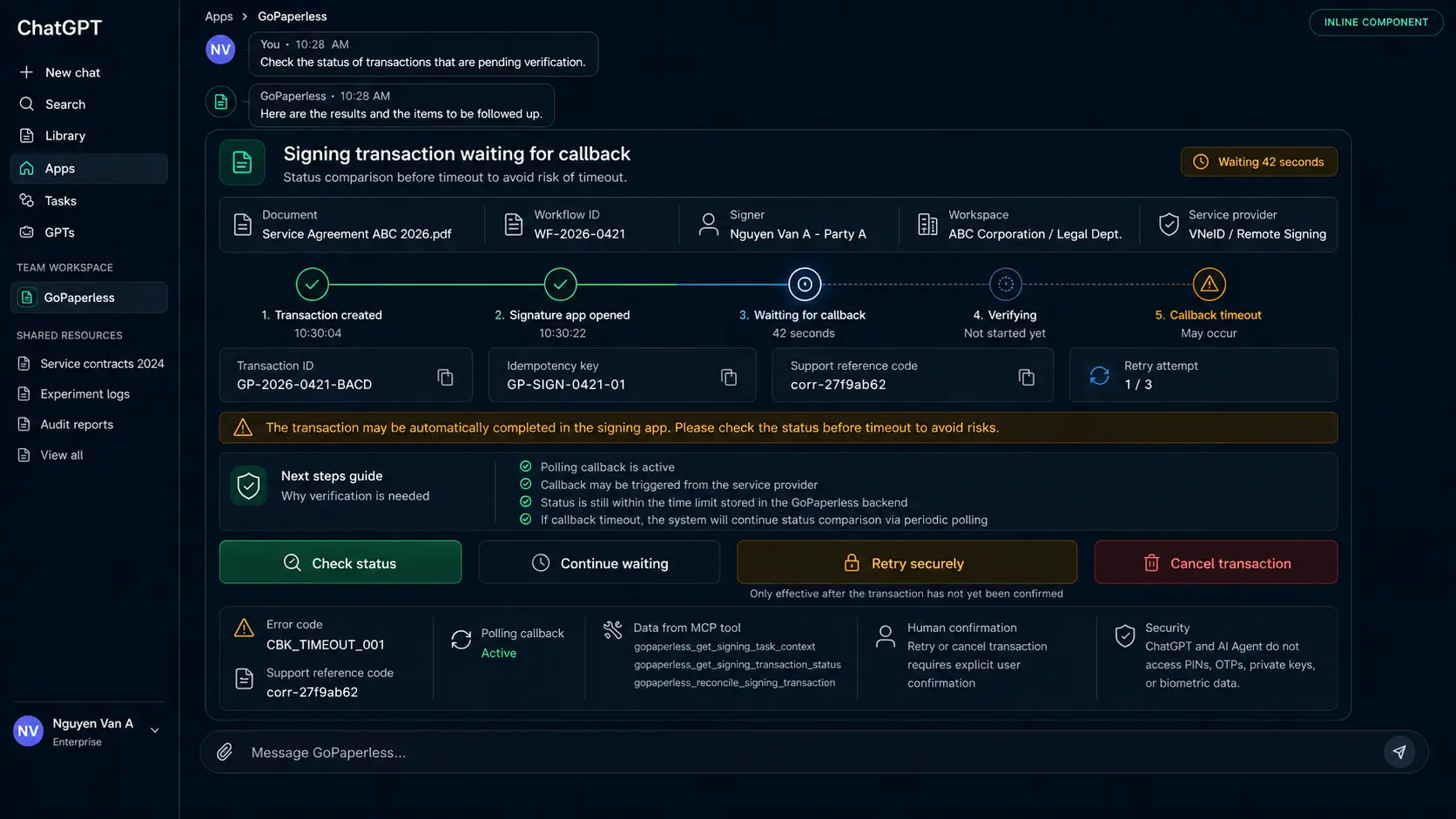Screen handling a callback error and safe retry, with technical status, idempotency and next steps