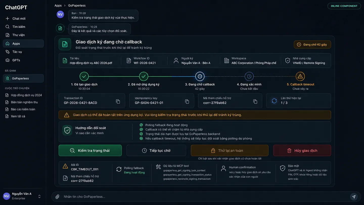 Màn hình xử lý callback lỗi và safe retry với trạng thái kỹ thuật, idempotency và hướng xử lý