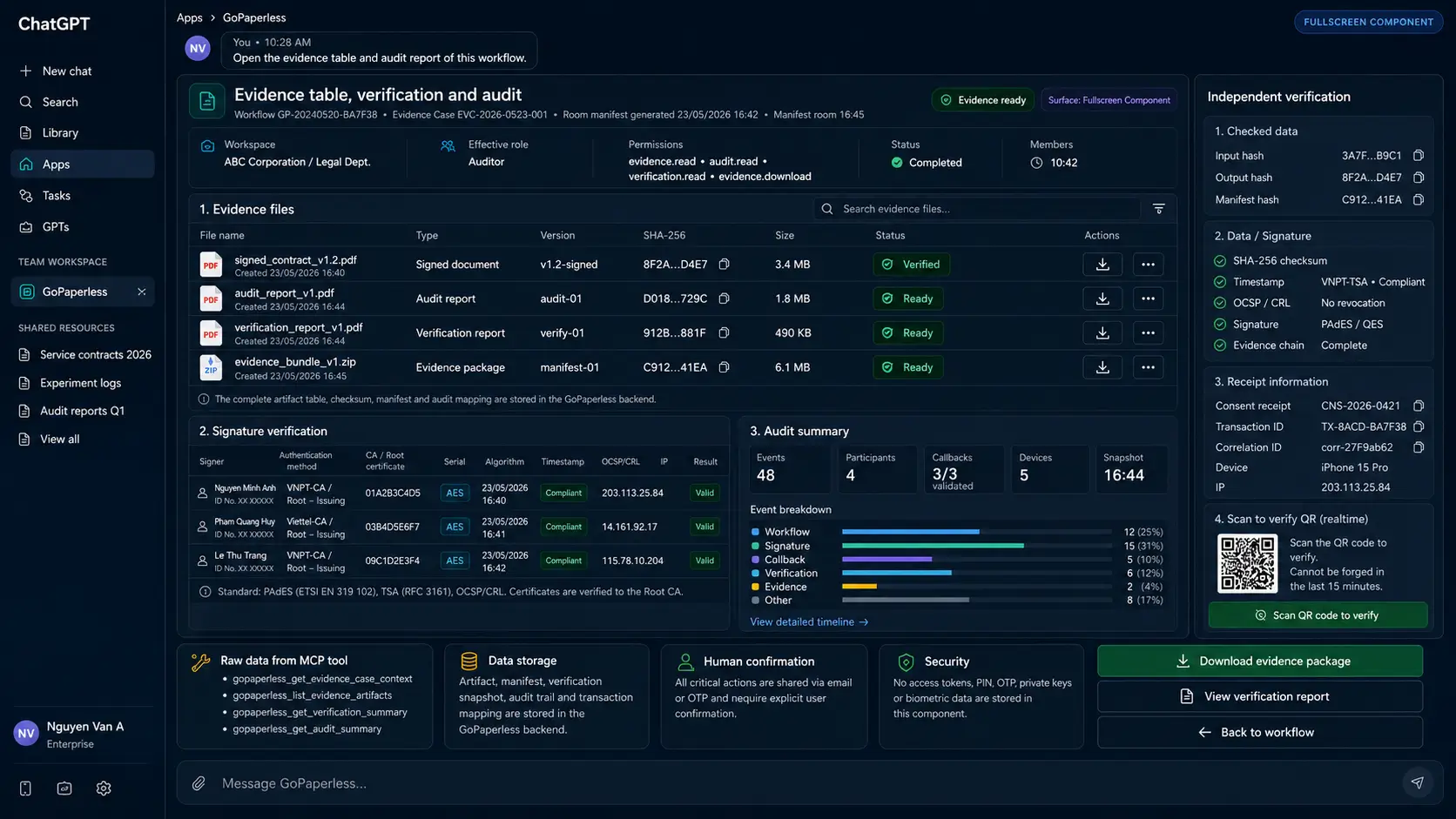 Evidence record with verification status, hash, signature, certificate, timeline and audit events