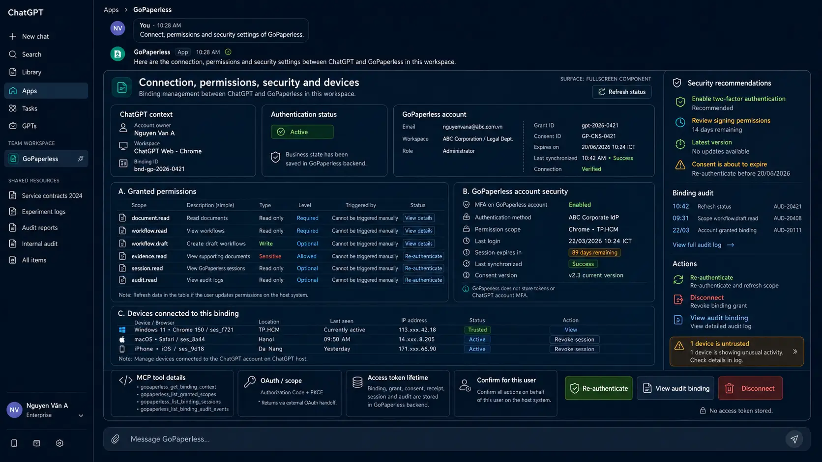 Connection, permission and security settings