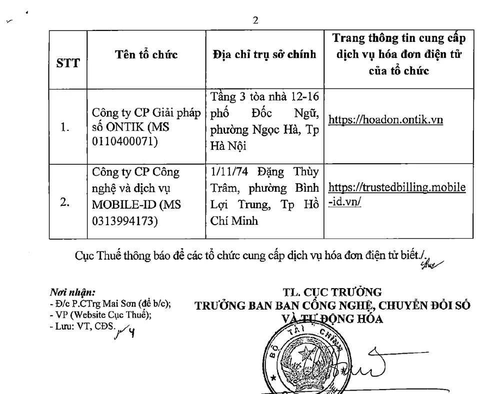 Trích trang 2 Thông báo 664/TB-CT có thông tin Mobile-ID