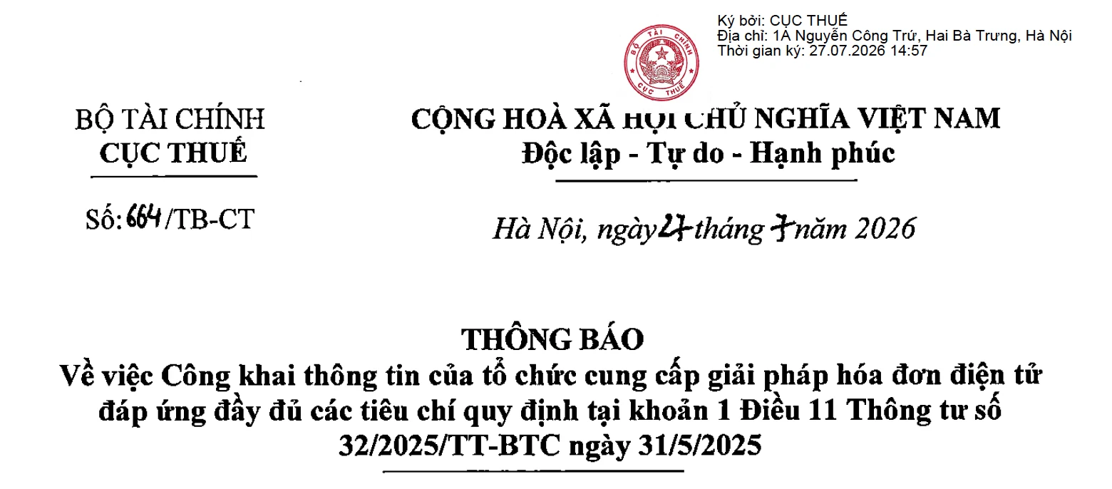 Phần đầu Thông báo 664/TB-CT thể hiện ngày 27 tháng 7 năm 2026 và thời gian ký số 27.07.2026 lúc 14:57